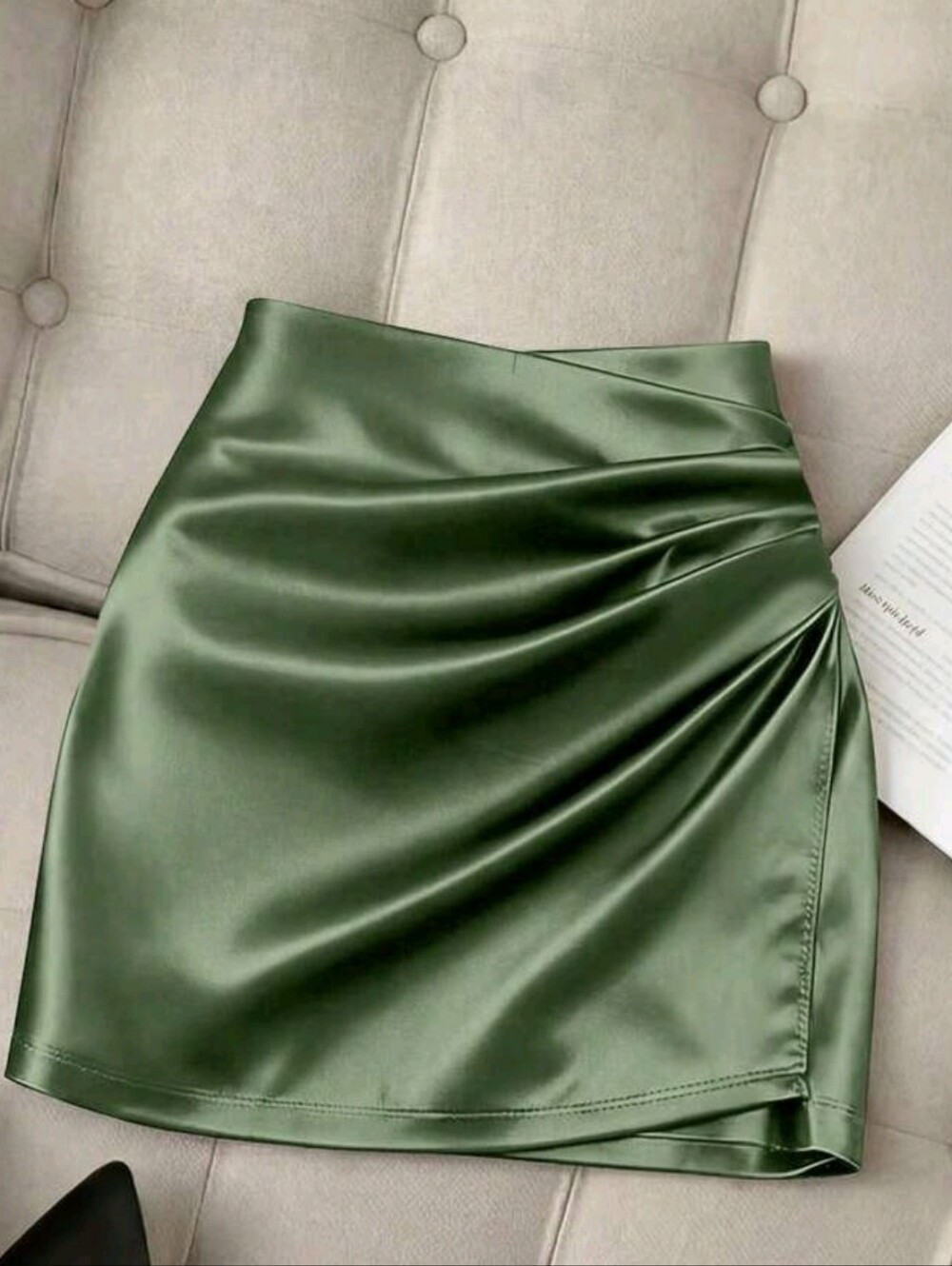 NEW Satin Olive Green Ruched Mini Skirt - Women